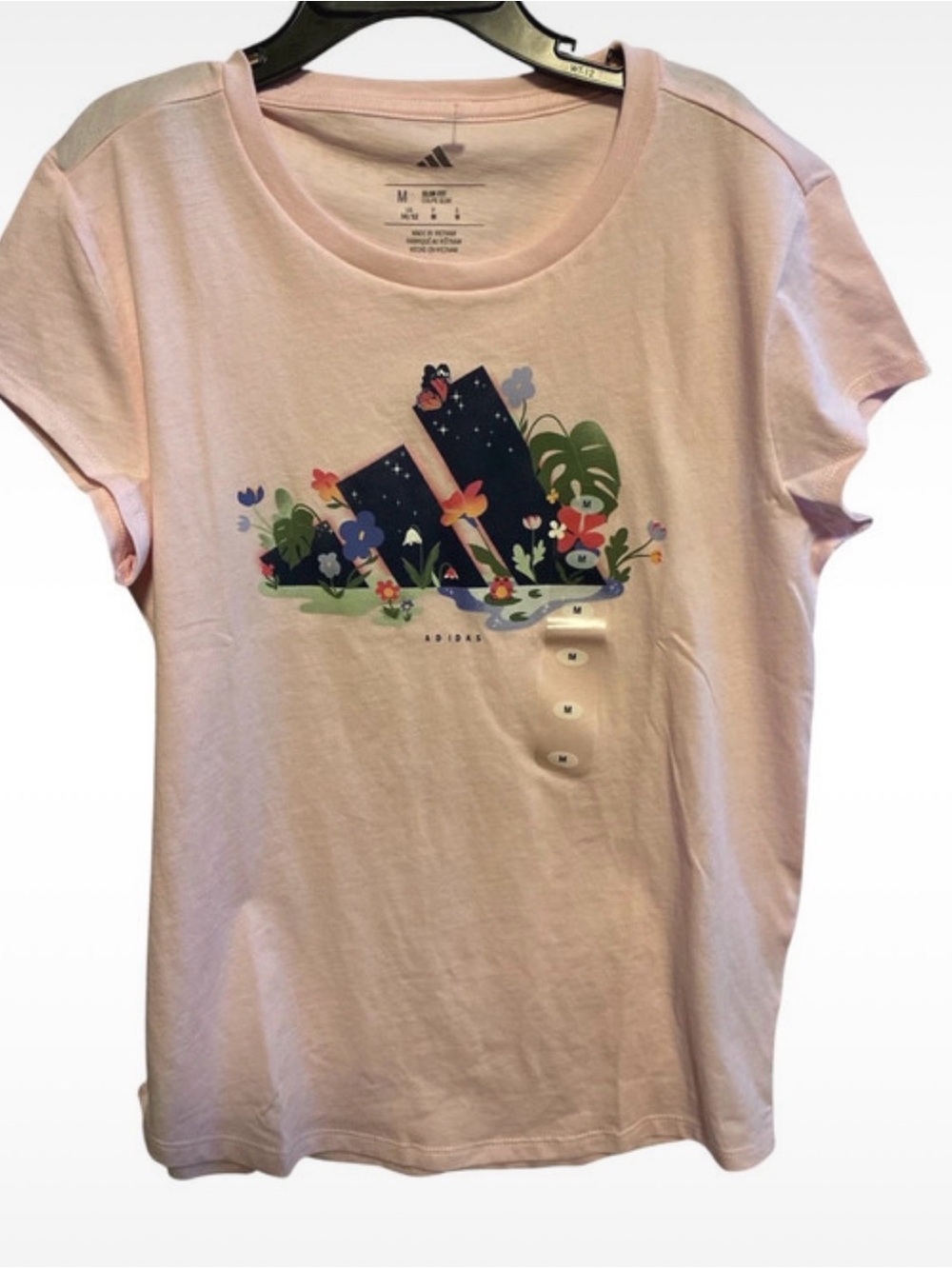 adidas Girls Light Pink Short Sleeve Tee with Floral Logo Medium new